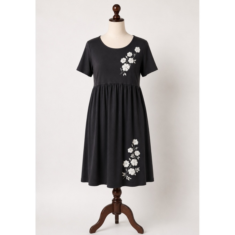 All American Comfort Floral Embroidered Babydoll Midi Dress Black Size M